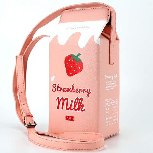 Cute Strawberry Milk Box CrossBody Purse Bag,PU Phone Shoulder Wallet for Women - Picture 2 of 5
